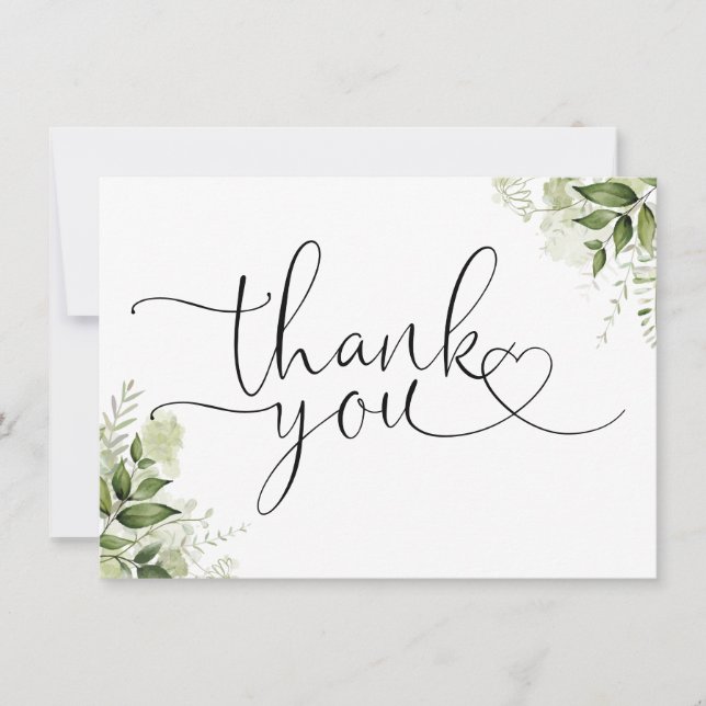 Cartão De Agradecimento Greenery Floral Elegant Heart Script (Frente)