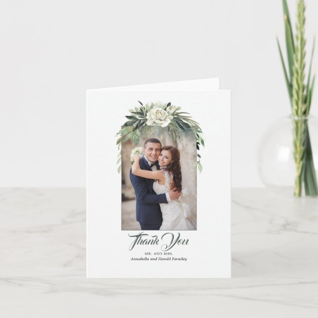 Cartão De Agradecimento Greenery Garland e Casamento de Peony Obrigado Fot (Frente)