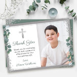 Cartão De Agradecimento Greenery Silver Glitter Primeira Foto Sagrada de C<br><div class="desc">Greenery Silver Glitter Primeiro Cartões de agradecimentos Fotográfico da Comunidade Sagrada</div>