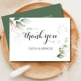 Cartão De Agradecimento Greenery White Leaves Douradas Casamento Obrigado