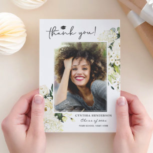 Cartão De Agradecimento Greenery White Rose Graduação Floral Foto