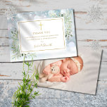 Cartão De Agradecimento Greenery Winter Baptism Christening Foto<br><div class="desc">Um elegante cartões de agradecimentos de fotos batismo batizante de inverno. Personalize com sua foto e batismo especial,  batizando obrigado sua mensagem em letras chic gold neste moderno design elegante. Projetado por Thisnotme©</div>