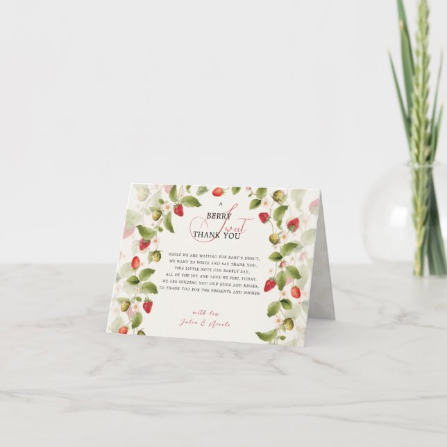 Cartão De Agradecimento Grinalda de Morango Silvestre Doce Vermelho Baby S (Frente)