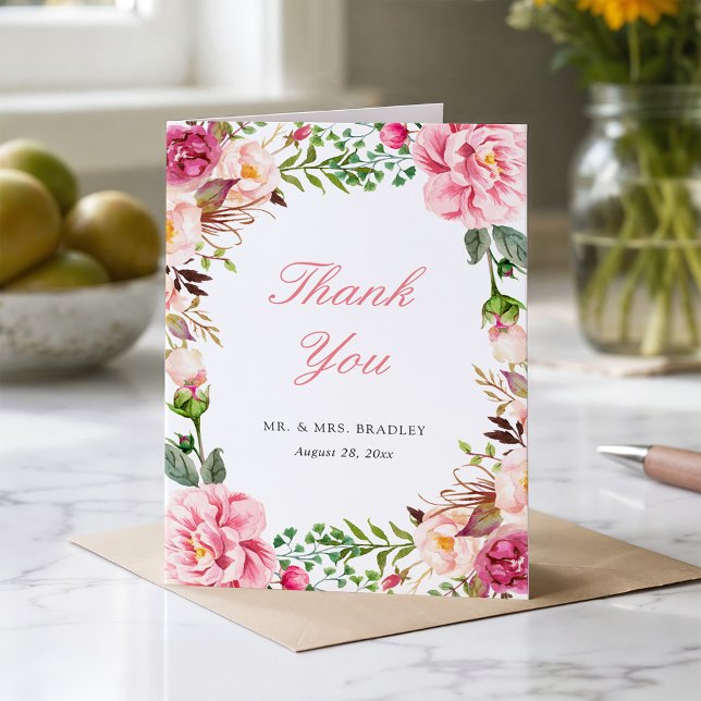 Cartão De Agradecimento Grinalda Floral Rosa Moderno Obrigado (Criador carregado)