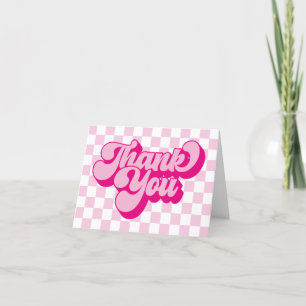 Cartão De Agradecimento Groovy Retro Rosa e Branco Xadrez 1º Aniversário