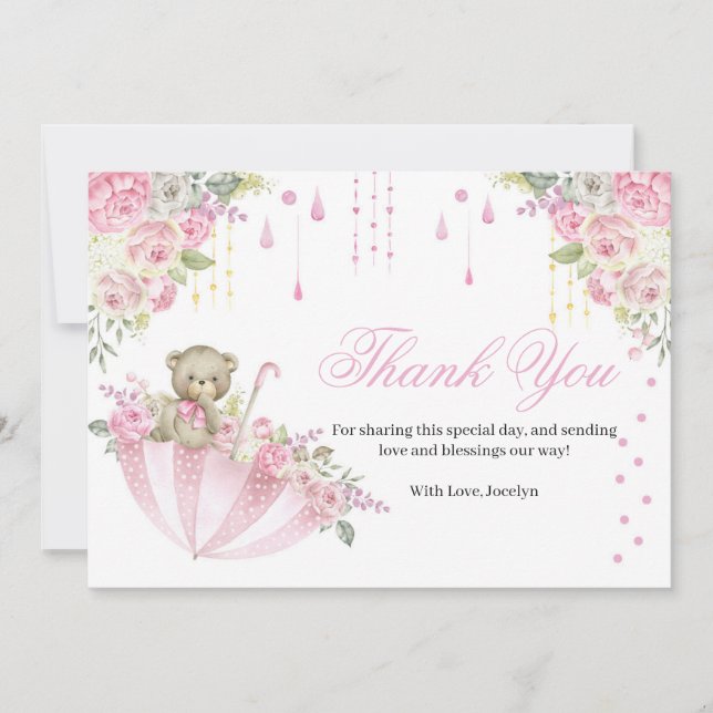 Cartão De Agradecimento Guarda-chuva rosa Urso Cinzento Cinzento Bebê Espe (Frente)