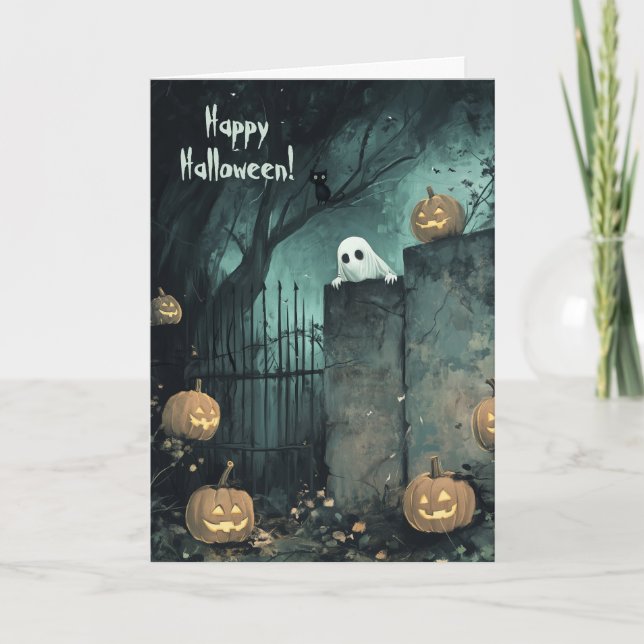 Cartão De Agradecimento Halloween com Ghost e Black Cat (Frente)
