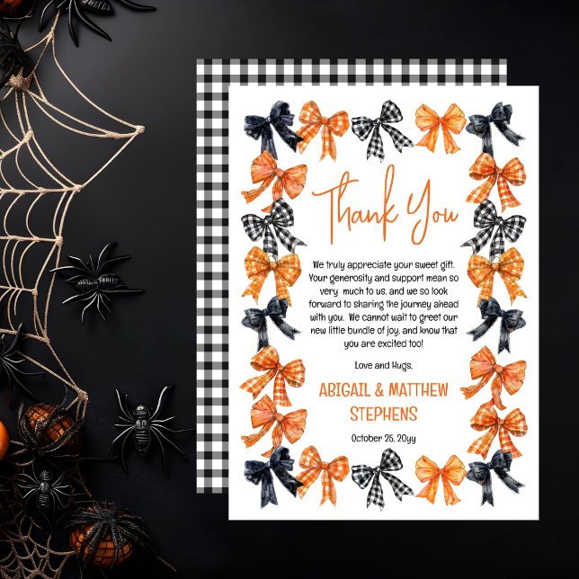 Cartão De Agradecimento Halloween Coquete Preto | Laços Laranja Baby Showe (Halloween Coquette Black | Orange Bows Girl Baby Shower Thank You Card)