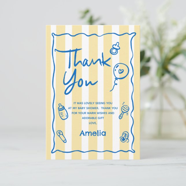 Cartão De Agradecimento Hand Drawn Blue Yellow Ciao Baby Thank You Card (Em pé/Frente)