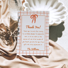 Cartão De Agradecimento Hand Drawn Orange Gingham Bow Neutral Baby Shower 