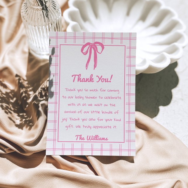 Cartão De Agradecimento Hand Drawn Pink Gingham Bow Girl Baby Shower  (Criador carregado)
