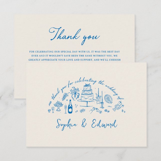 Cartão De Agradecimento Hand-drawn whimsical line art wedding style (Frente/Verso)