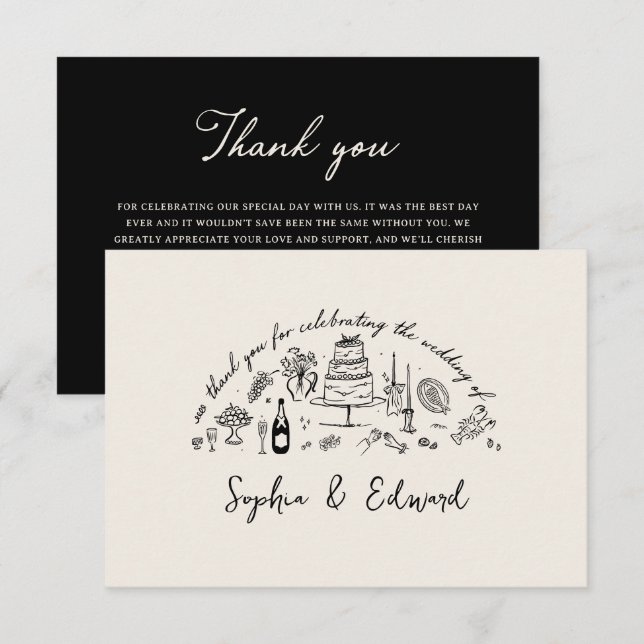 Cartão De Agradecimento Hand-drawn whimsical line art wedding style (Frente/Verso)