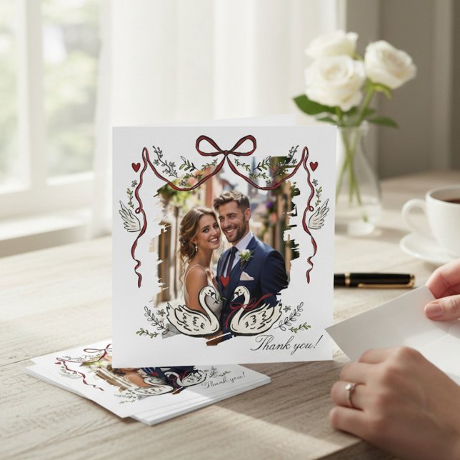 Cartão De Agradecimento Hand Drawn  Whimsical Swans Photo Card Thank You (Criador carregado)
