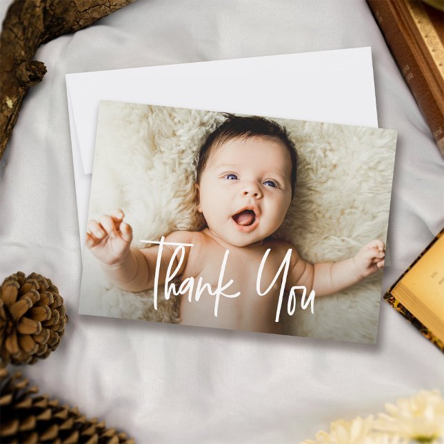 Cartão De Agradecimento Handletting Small Custom Photo Chá de fraldas (Small baby thank you horizontal photo cards)