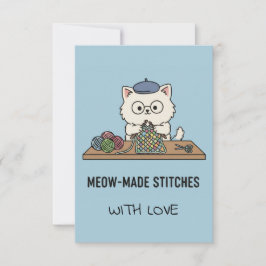 Cartão De Agradecimento Handmade With Love Cat Knitting Blue Graphic Card