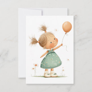Cartão De Agradecimento Happy Girl with Balloon Watercolor