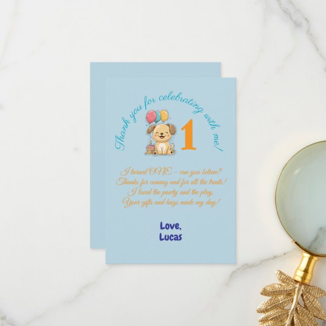 Cartão De Agradecimento Happy Puppy, 1st Birthday, Boy, Pawty, Flat (Frente/Verso In Situ)