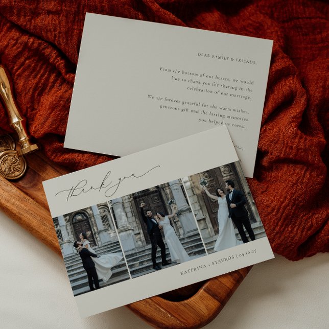 Cartão De Agradecimento HARMONY Olive Minimalist 3 Foto de Casamento (Criador carregado)