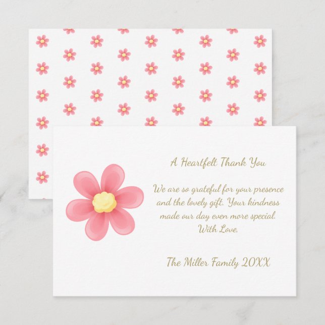 Cartão De Agradecimento Heartfelt Thank You Card with Pink Daisy  (Frente/Verso)