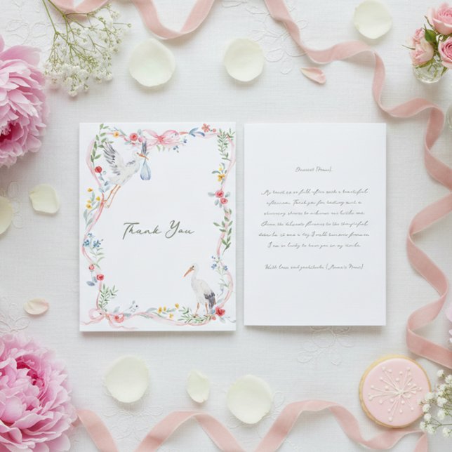 Cartão De Agradecimento Heirloom Rose Ribbon and Stork Hostess (Criador carregado)