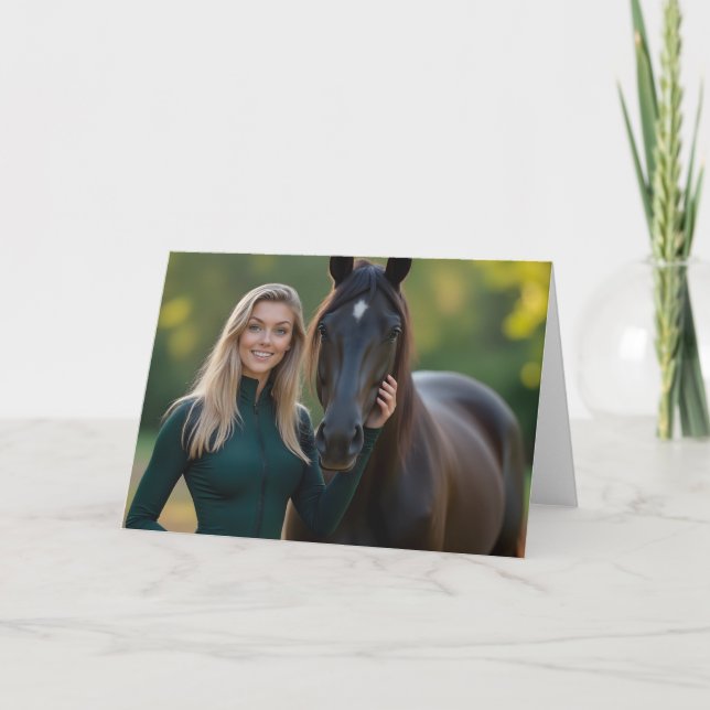 Cartão De Agradecimento Helena Chevalier com seu companheiro de cavalo fie (Frente)