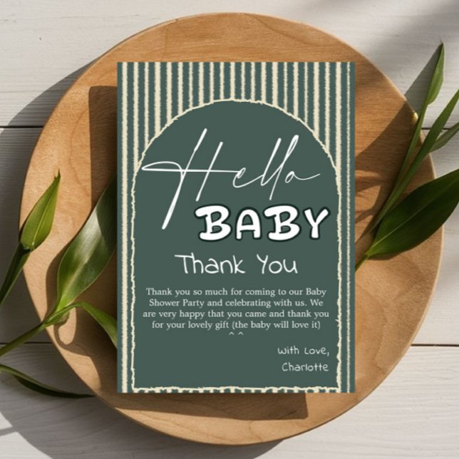 Cartão De Agradecimento Hello Baby Dark Green Stripes Baby Shower (Criador carregado)