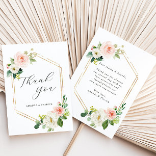 Cartão De Agradecimento Hexagon Dourado Frame Blush Floral Rosa Obrigado