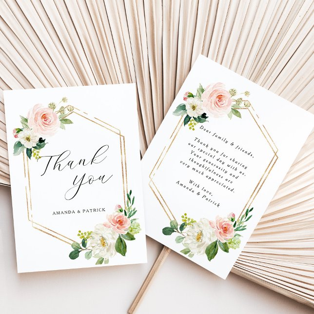 Cartão De Agradecimento Hexagon Dourado Frame Blush Floral Rosa Obrigado (Front & Back)