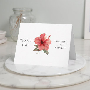 Cartão De Agradecimento Hibisco Vermelho Coral Tropical Moderno Aquarela