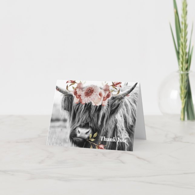Cartão De Agradecimento Highland Cow Floral | Garota Ocidental Personaliza (Frente)