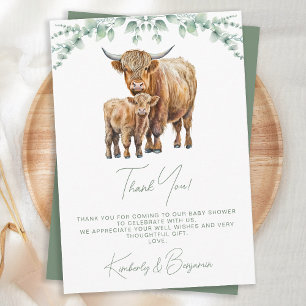 Cartão De Agradecimento Highland Cow Greenery Boho Fazenda Chá de fraldas