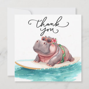 Cartão De Agradecimento Hippo Surfista em prancha de surfe flutuando no ma