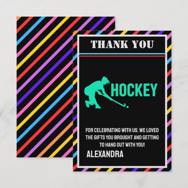Cartão De Agradecimento Hockey Birthday Party, Hockey Girl Player  (Frente/Verso)
