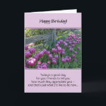 Cartão De Agradecimento Hoje é um bom dia para os seus amigos lhe dizerem.<br><div class="desc">Uma mensagem de aniversário de gratidão para um amigo emparelhado com uma linda foto de tulipas roxas crescendo ao longo de uma cerca de madeira. "Hoje é um bom dia para seus amigos dizerem o quanto eles apreciam você - e é isso que eu gostaria de fazer agora... " Dentro:...</div>