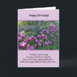Cartão De Agradecimento Hoje é um bom dia para os seus amigos lhe dizerem.<br><div class="desc">Uma mensagem de aniversário de gratidão para um amigo emparelhado com uma linda foto de tulipas roxas crescendo ao longo de uma cerca de madeira. "Hoje é um bom dia para seus amigos dizerem o quanto eles apreciam você - e é isso que eu gostaria de fazer agora... " Dentro:...</div>