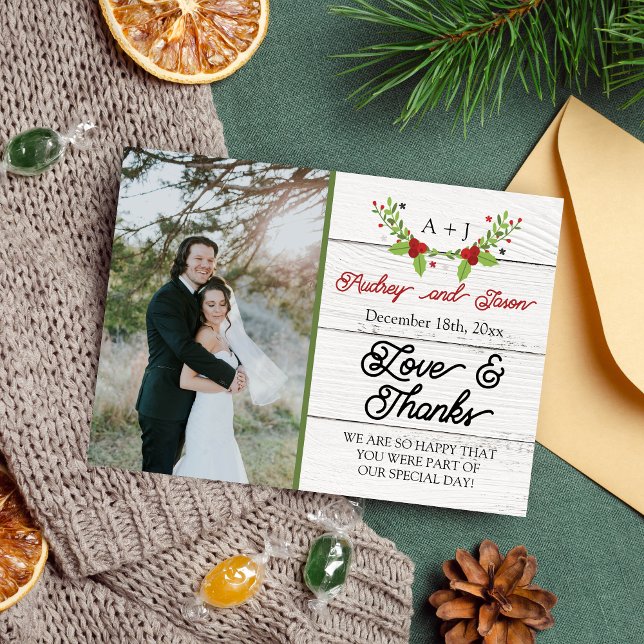 Cartão De Agradecimento Holiday Joy Poinsettia Winter Wood Obrigado (Criador carregado)