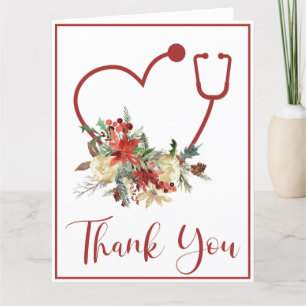Cartão De Agradecimento Holiday Red Floral Stethoscope Coração Obrigado