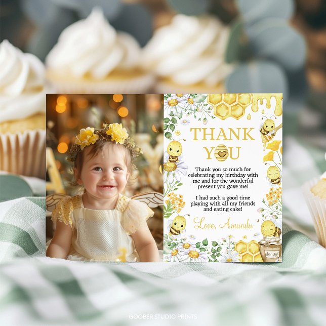Cartão De Agradecimento Honey Bee Floral First Bee Day Birthday Photo (Criador carregado)