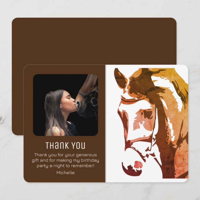 Cartão De Agradecimento Horse Sketch Modern Brown e White Birthday FOTO (Frente/Verso)