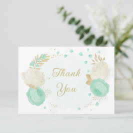 Cartão De Agradecimento hortelã, flores verdes e douradas, casamento flora