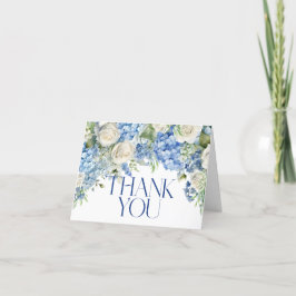 Cartão De Agradecimento Hortênsia Azul Rosas Brancas Floral Aquarela
