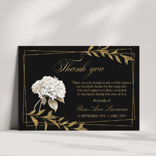 Cartão De Agradecimento Hortênsia Branca Funeral Elegante Folhas Douradas