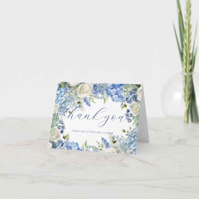 Cartão De Agradecimento Hortênsias Azuis Aquarela Rosas Elegantes Script (Frente)