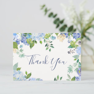 Cartão De Agradecimento Hortênsias Azuis Elegantes Flora de Casamento Verd