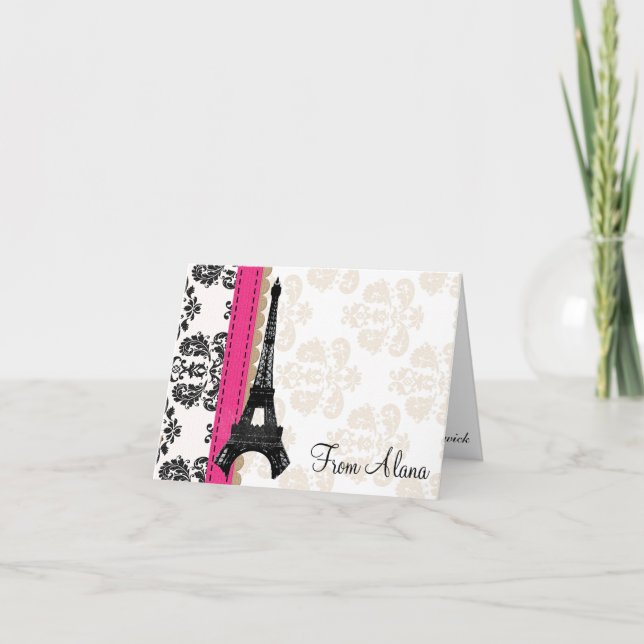 CARTÃO DE AGRADECIMENTO HOT PINK AND BLACK DAMASK EIFFEL TOWER THANK YOU (Frente)