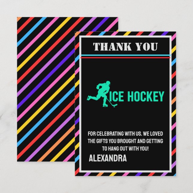 Cartão De Agradecimento Ice Hockey Birthday Party, Ice Hockey Girl Player  (Frente/Verso)