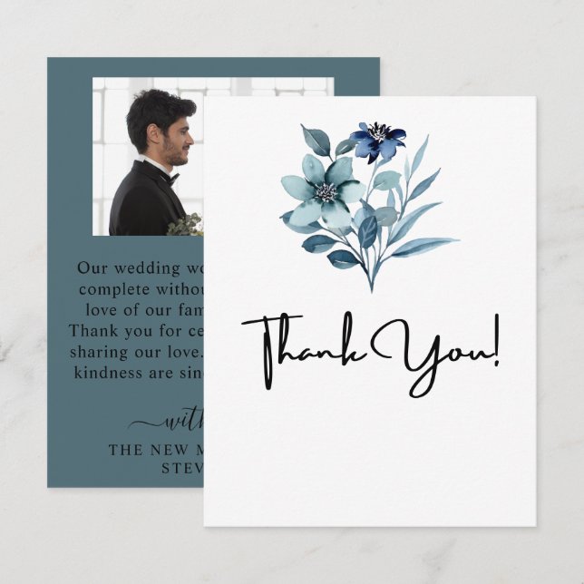 Cartão De Agradecimento Ilustração de Aquarela Rústica com Buquê Floral Az (Frente/Verso)