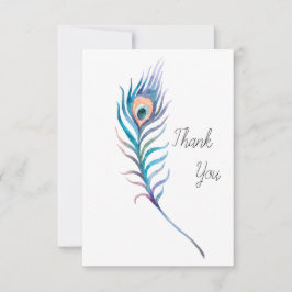 Cartão De Agradecimento Ilustração de pena de pavão de aquarela azul
