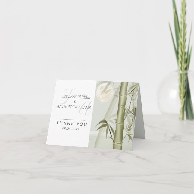 Cartão De Agradecimento Ilustração de Plantas de Bambu e Crane (Frente)